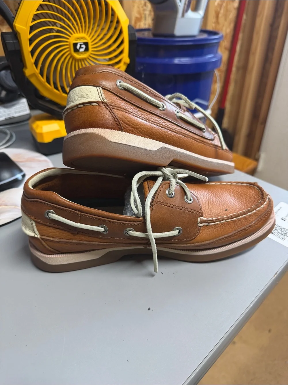 Sperry Cognac Brown Leather Boat Shoes with Cream Laces